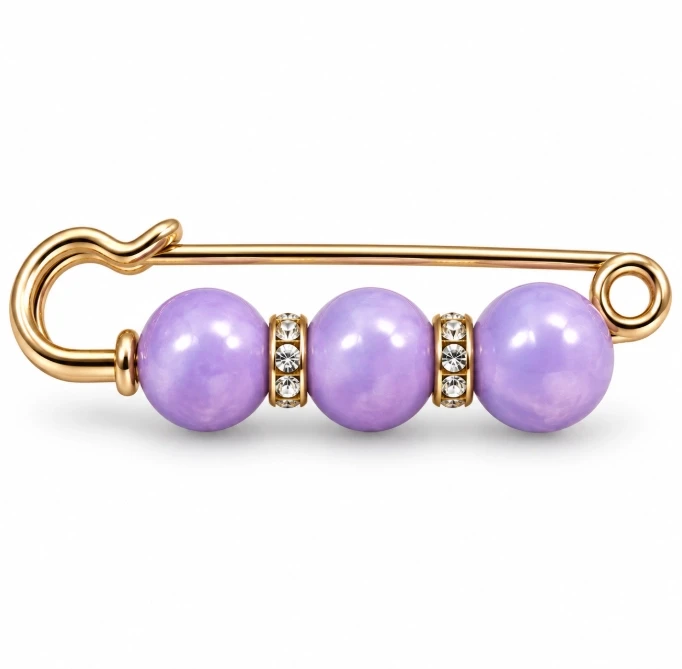 Gold Safety Pin Brooch with 3 Beads