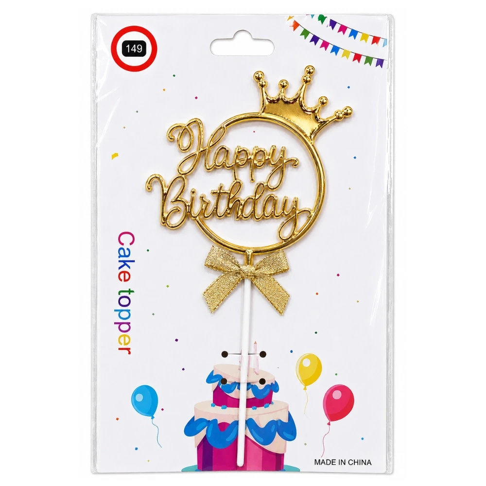 Happy Birthday Cake Topper Golden With Bow