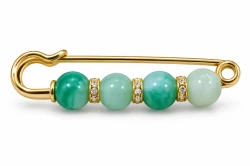 Gold Safety Pin Brooch with Green Beads & Rhinestones-