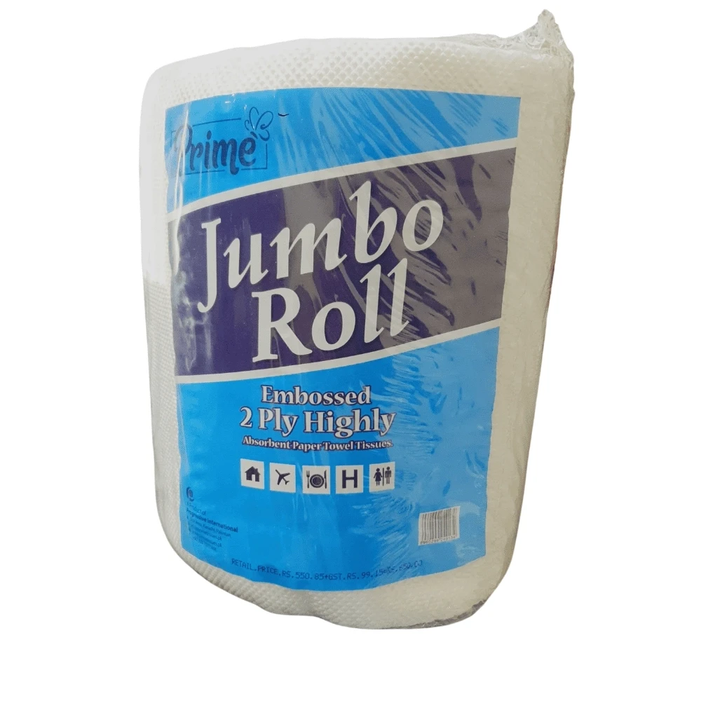 Prime Kitchen Jumbo Roll Embossed 2 Ply Highly Absorbent Paper Towel Tissues