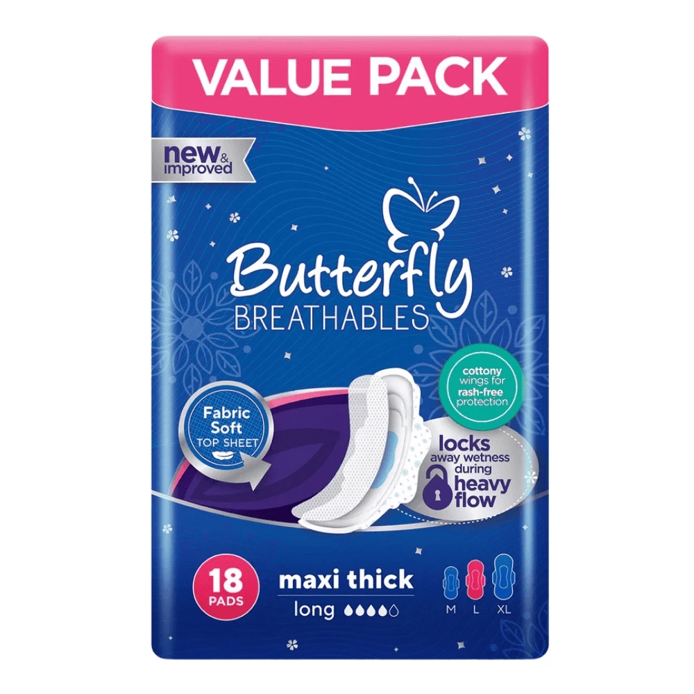 Butterfly Breathables Maxi Thick Long Sanitary Napkins 18 Pads Value Pack