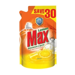 Lemon Max Dishwash Liquid, With Real Lemon Juice, Kills 99.9% Bacteria, Pouch, 450ml