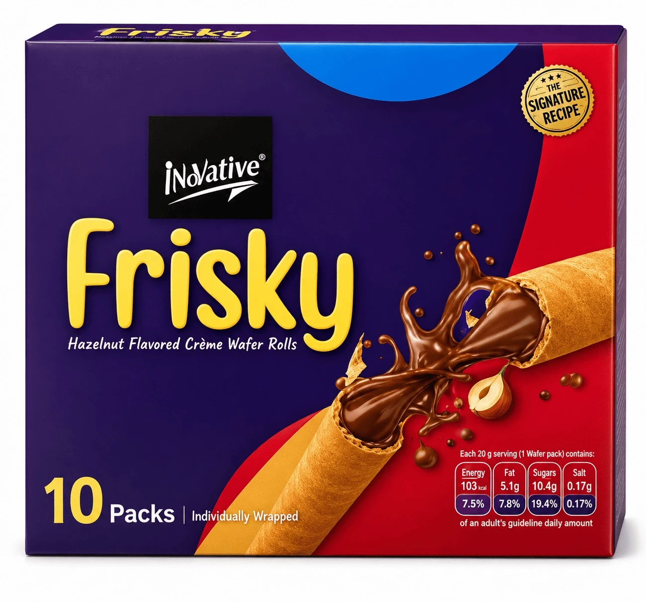 Innovative Frisky Hazelnut Cream Wafer Rolls (10 Packs)