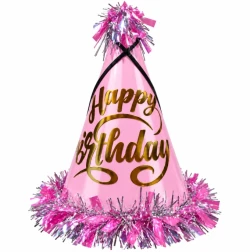 Happy Birthday Pink Party Cone Hat with Tinsel
