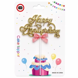 Happy Anniversary Light Gold Cake Topper with Pink Bow