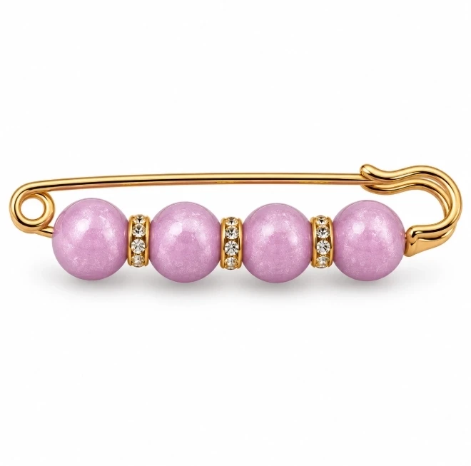 Pink Pearl Beaded Gold Safety Pin Brooch -