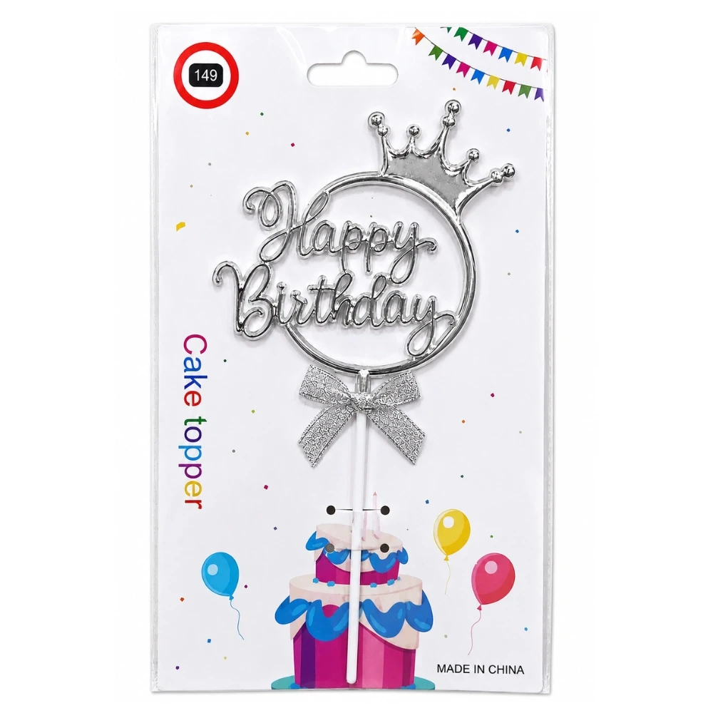 Happy Birthday Cake Topper Silver With Bow