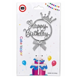 Happy Birthday Cake Topper Silver With Bow