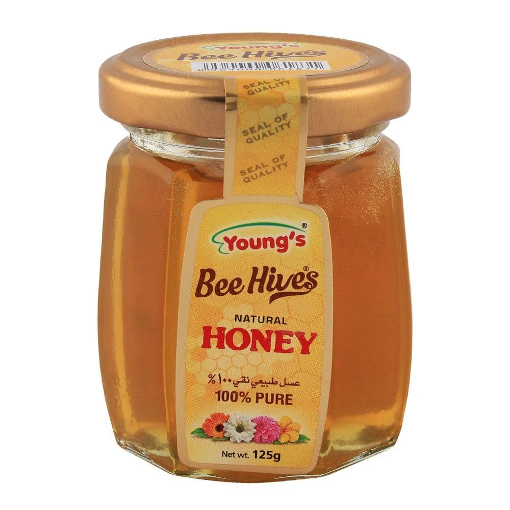 Youngs Bee Hives Natural Honey Glass Jar 125gm