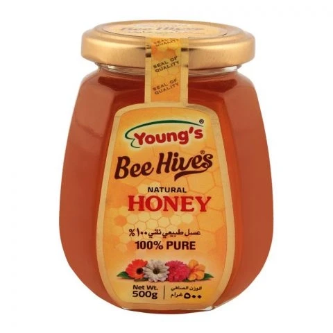 Youngs Bee Hives Natural Honey Glass Jar 500gm