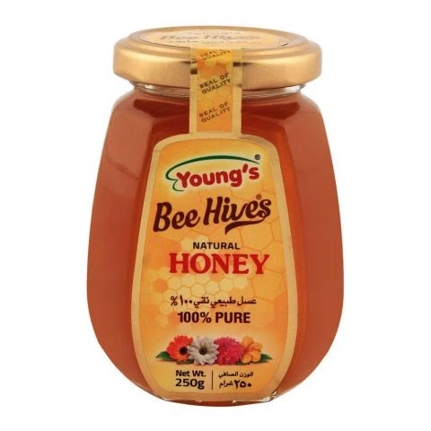 Youngs Bee Hives Natural Honey Glass Jar 250gm