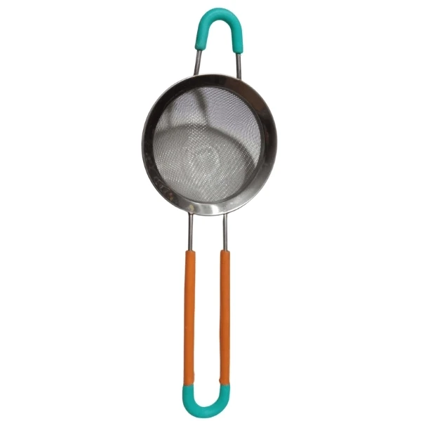 Stainless Steel Tea Strainer and Teal Plastic Handles